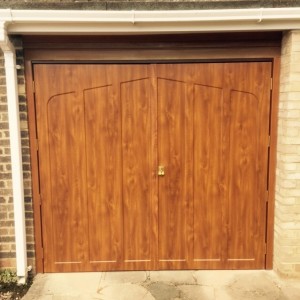 side hinged golden oak garage door